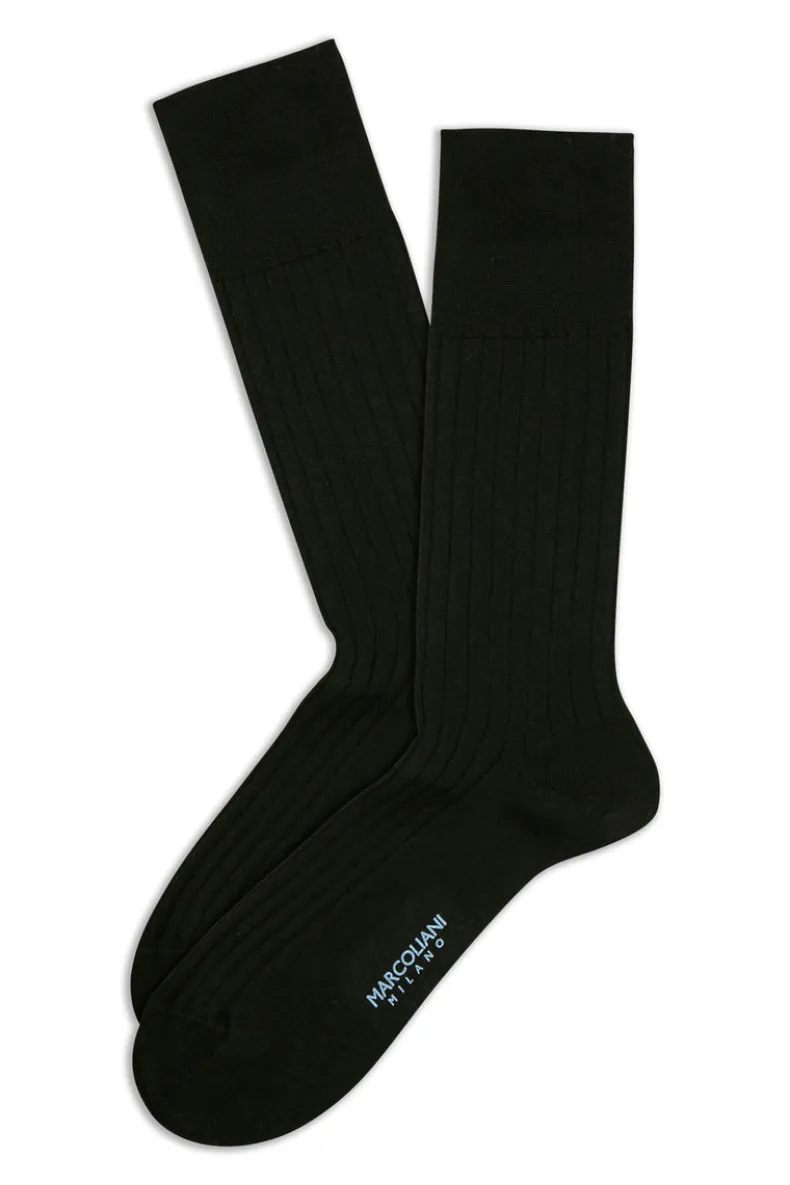 MARCOLIANI SOLID RIBBED COTTON CALF SOCK - BLACK