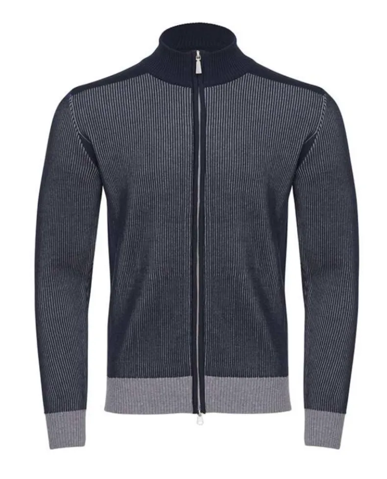EMANUEL BERG PREMIUM LUXURY MIXED PANEL CARDIGAN WITH ZIPPER - NAVY