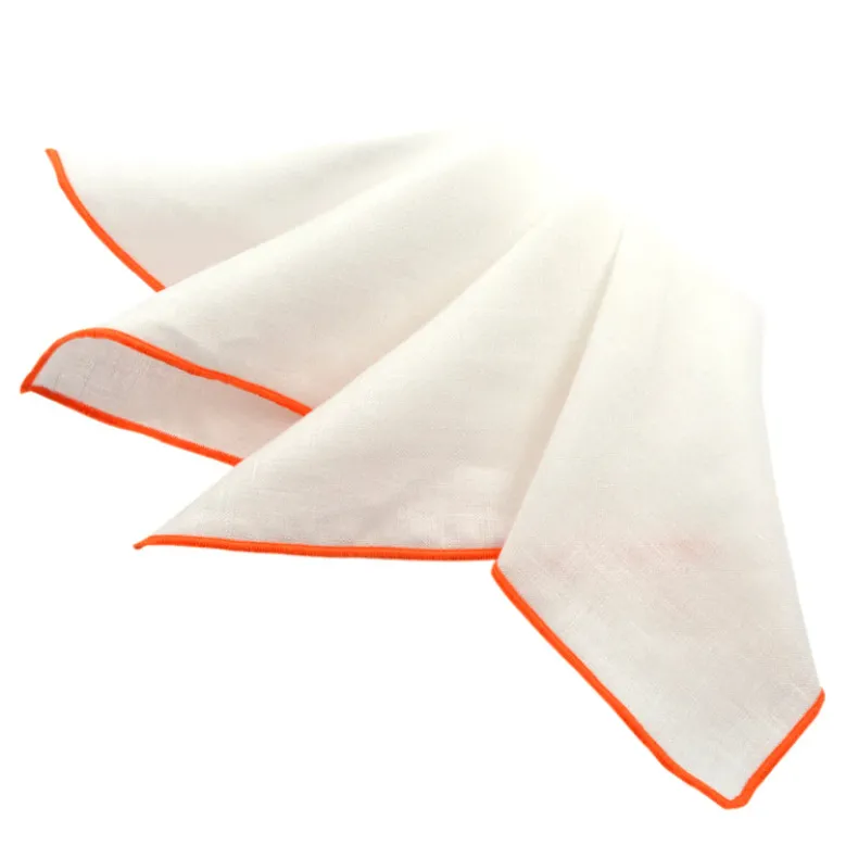 DION LINEN POCKET SQUARE - WHITE WITH ORANGE TRIM