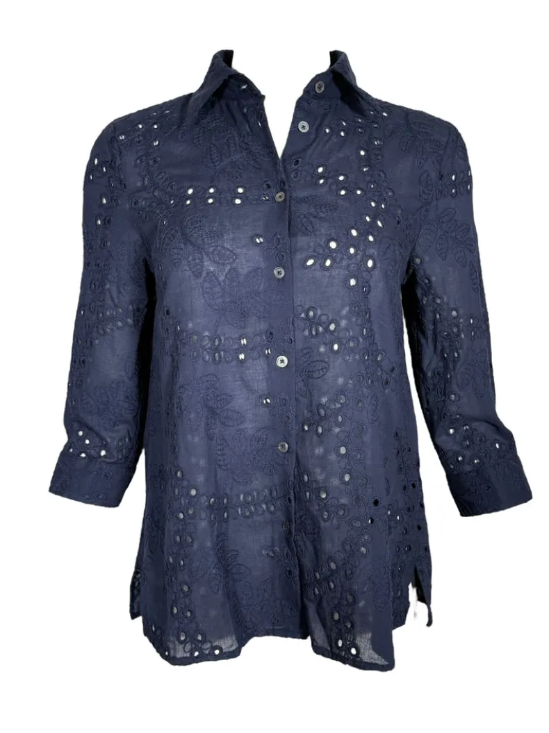 CAMICETTASNOB EYELET BLOUSE - NAVY LEAVES