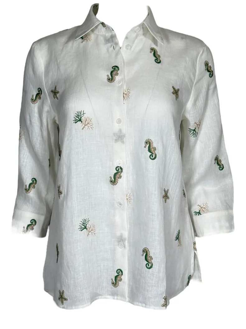 CAMICETTASNOB LINEN SEA LIFE BLOUSE - GREEN & TAN ON WHITE