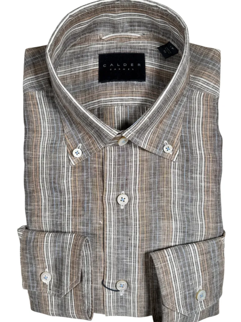 CALDER CARMEL MEN'S LINEN SHIRT - COCOA STRIPE