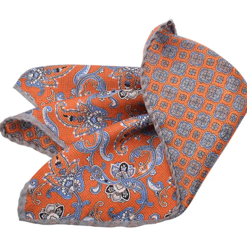 DION SILK DOUBLE-SIDED POCKET SQUARE - COGNAC PAISLEY MEDALLION
