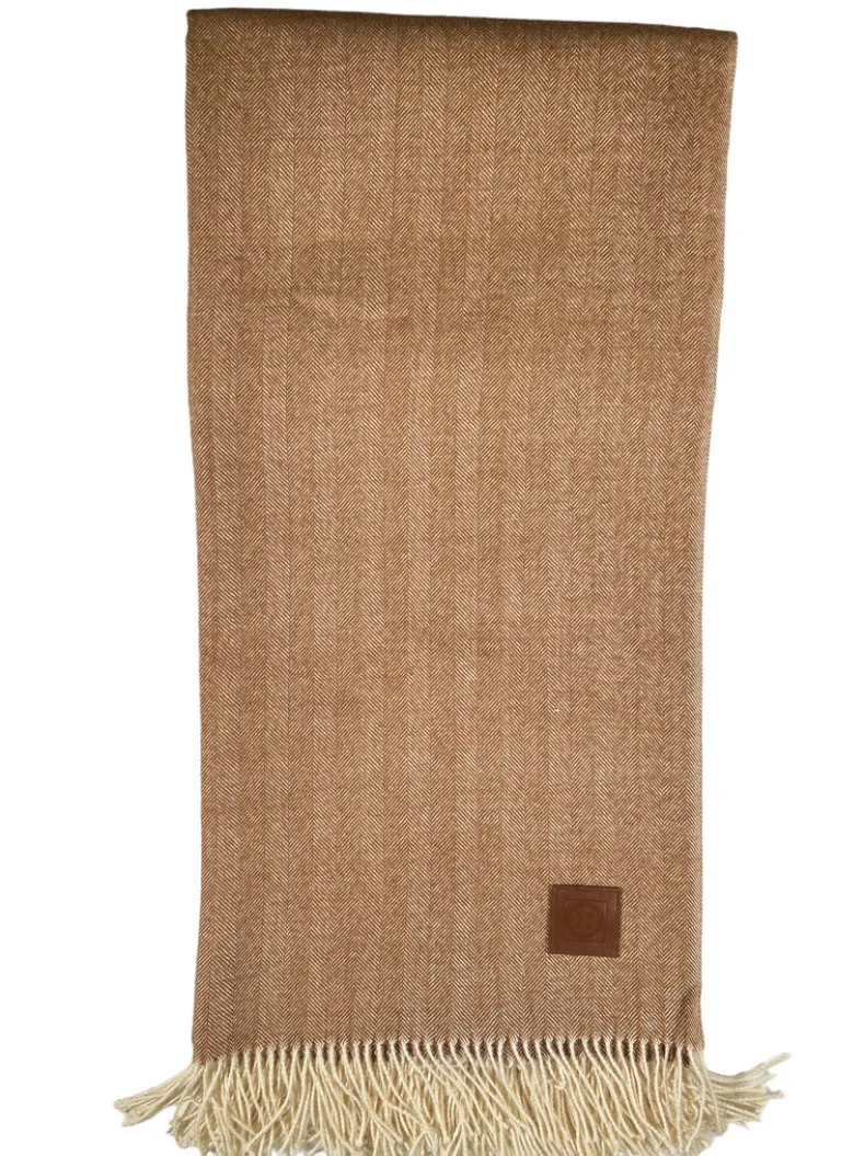BUTTON DOWN ALPACA HERRINGBONE THROW WITH LEATHER CARRIER - CAMEL & WHITE