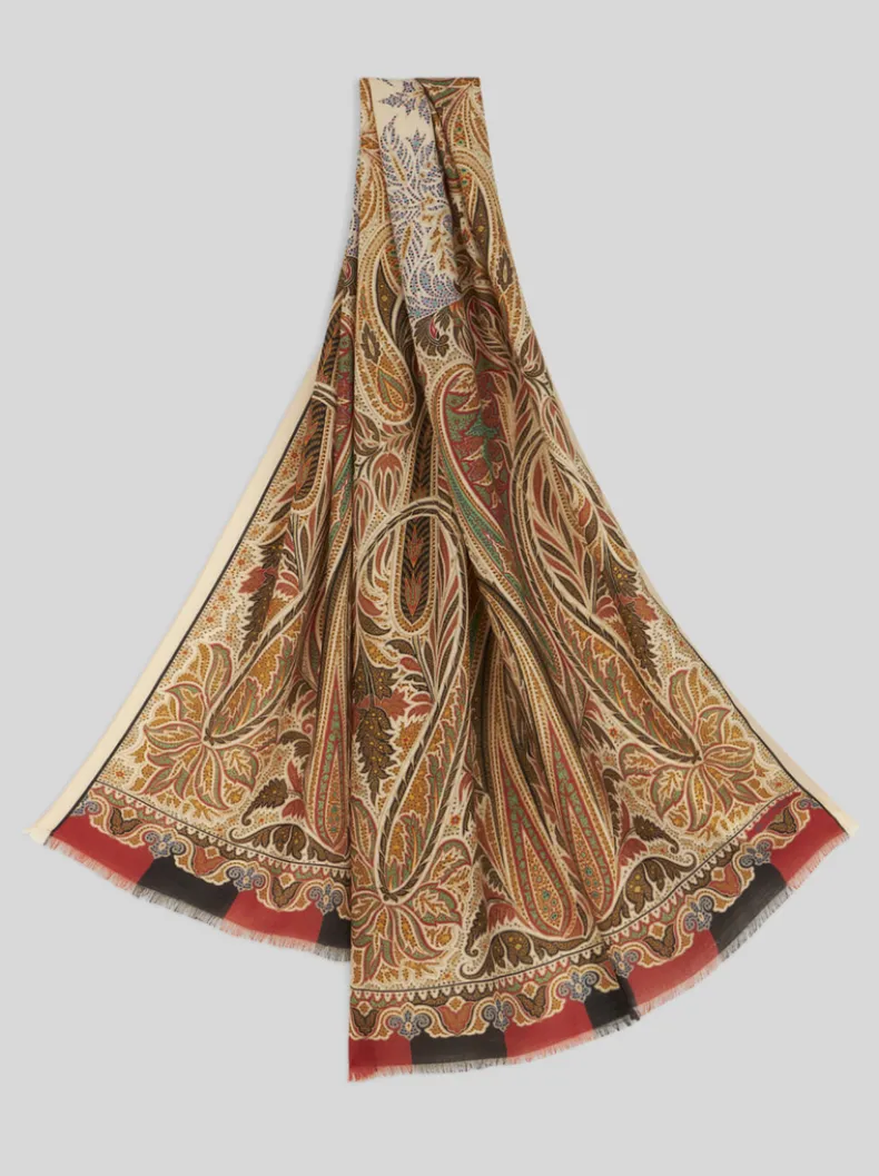 ETRO WOOL/SILK PAISLEY LEAF SCARF - BEIGE
