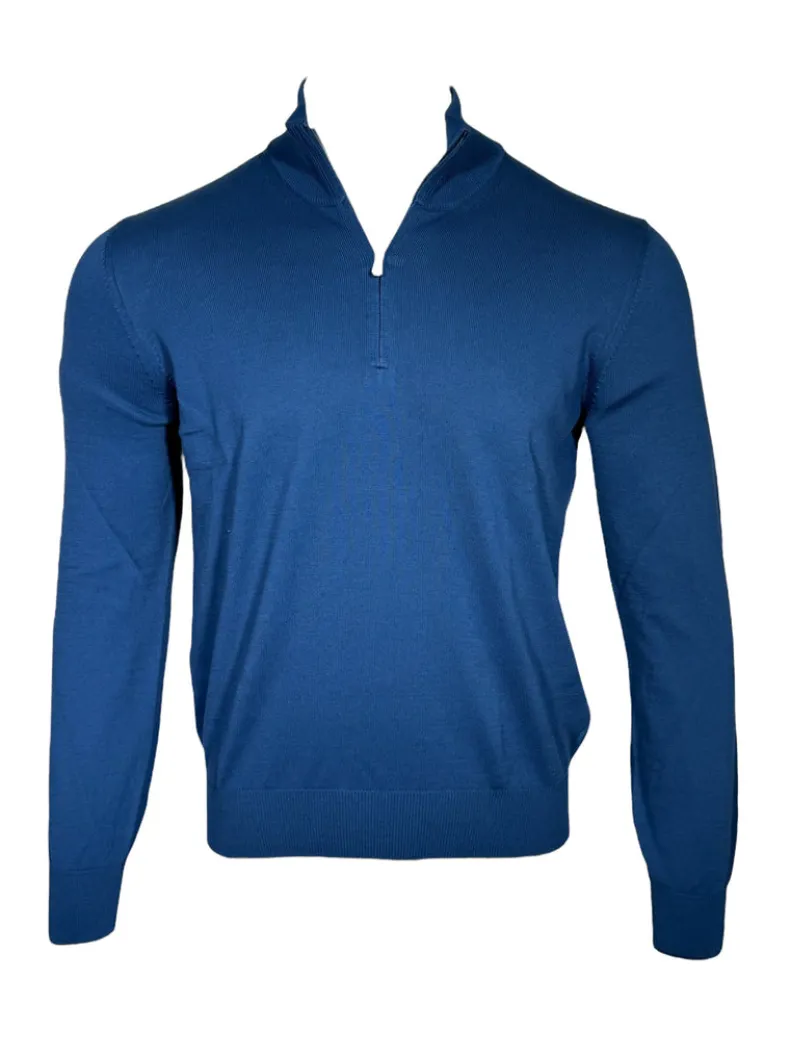 BUTTON DOWN COTTON 1/4 ZIP SWEATER - MARINE BLUE