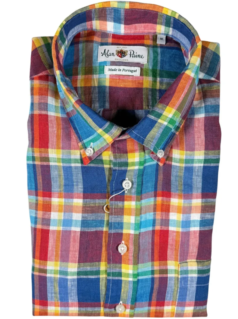 ALAN PAINE LINEN SPORT SHIRT - BLUE MULTICOLOR PLAID