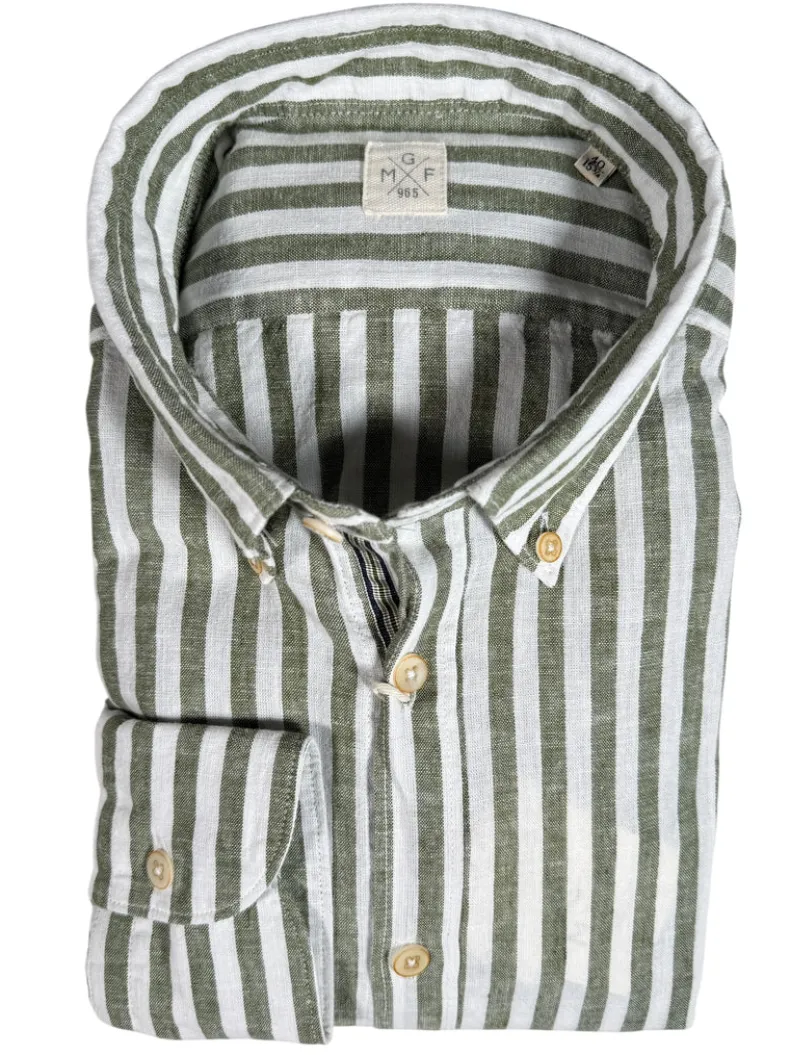 GMF 965 MEN'S LINEN BLEND SPORT SHIRT - GREEN STRIPE
