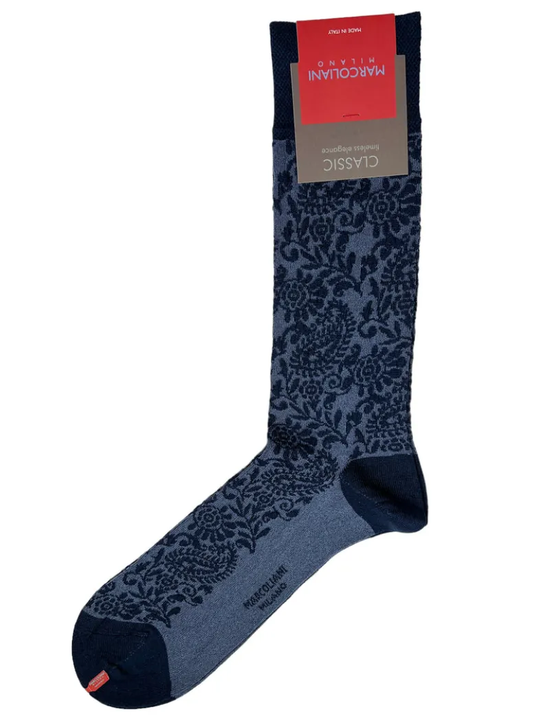 MARCOLIANI PIMA FLOWER PAISLEY CALF SOCK - NAVY