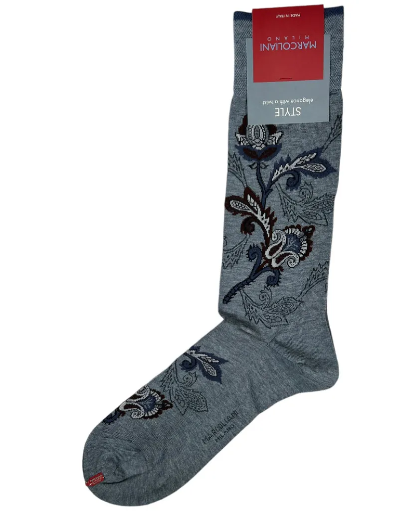 MARCOLIANI PIMA COTTON LISLE MOGHUL FLOWER CALF SOCK - LIGHT BLUE DENIM