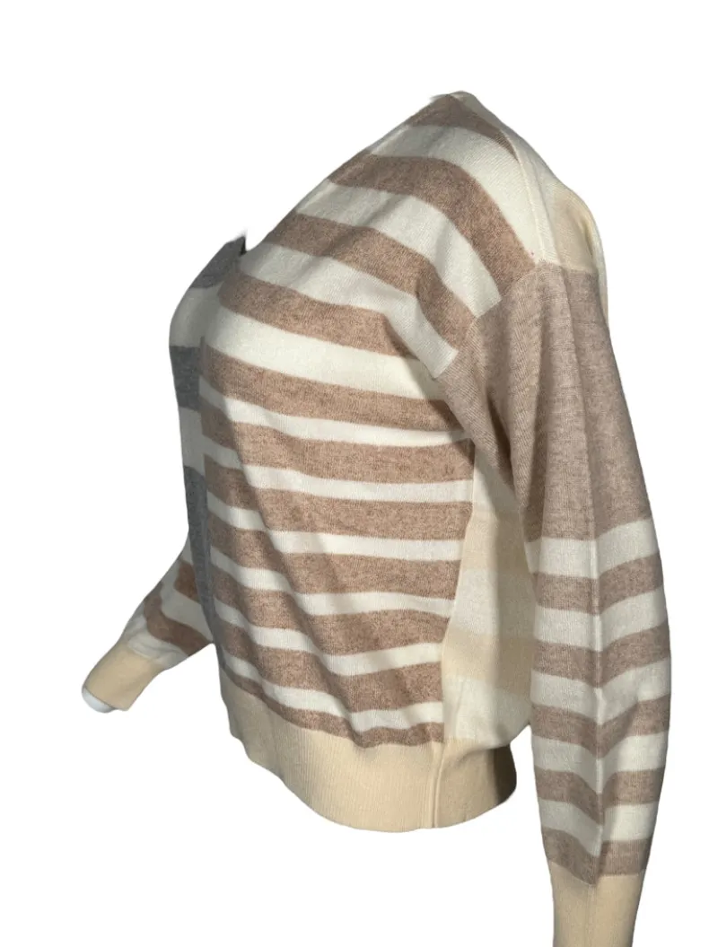 REPEAT CASHMERE MULTISTRIPE V-NECK SWEATER - TAN/GREY