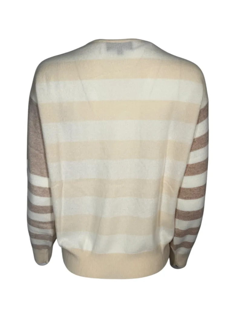 REPEAT CASHMERE MULTISTRIPE V-NECK SWEATER - TAN/GREY