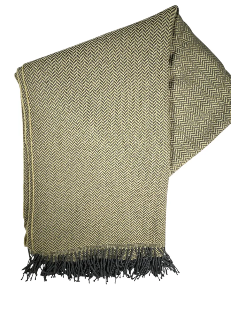 JOHNSTONS OF ELGIN MERINO THROW - GREY/OCHRE HERRINGBONE