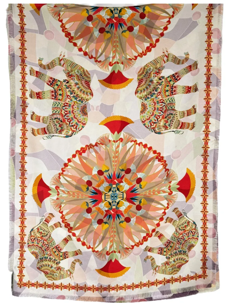 FRANCO FERRARI DOUBLE SIDED SILK SCARF - MULTICOLOR GEOMETRIC/ELEPHANTS