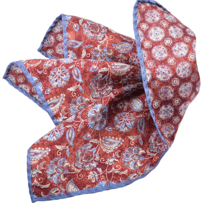 DION SILK POCKET SQUARE - FLORAL/MEDALLION - WINE