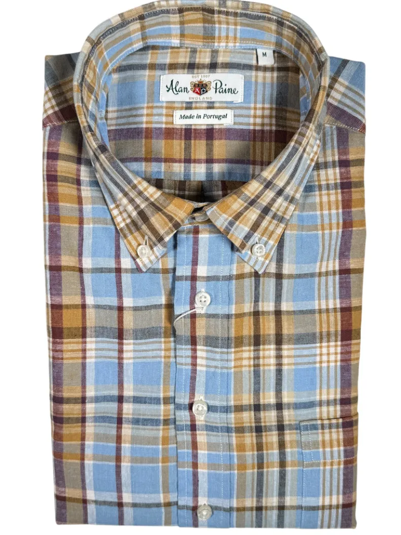 ALAN PAINE COTTON/LINEN SPORT SHIRT - LIGHT BLUE PLAID