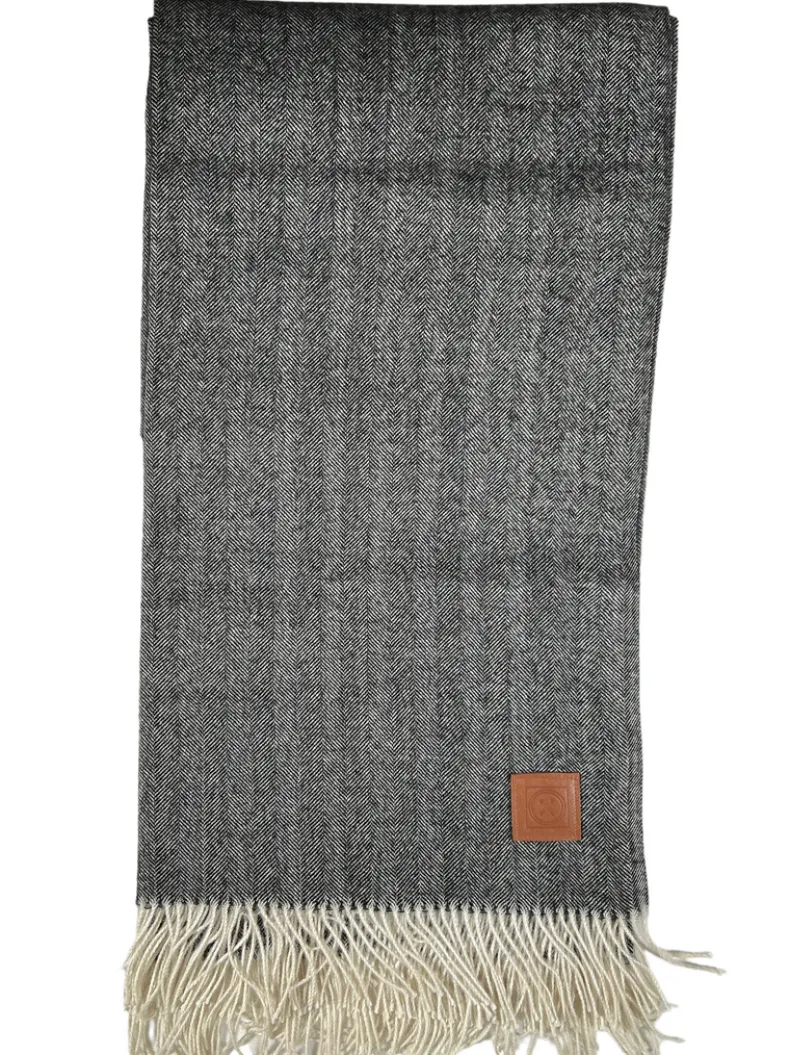 BUTTON DOWN ALPACA HERRINGBONE THROW WITH LEATHER CARRIER - BLACK & WHITE