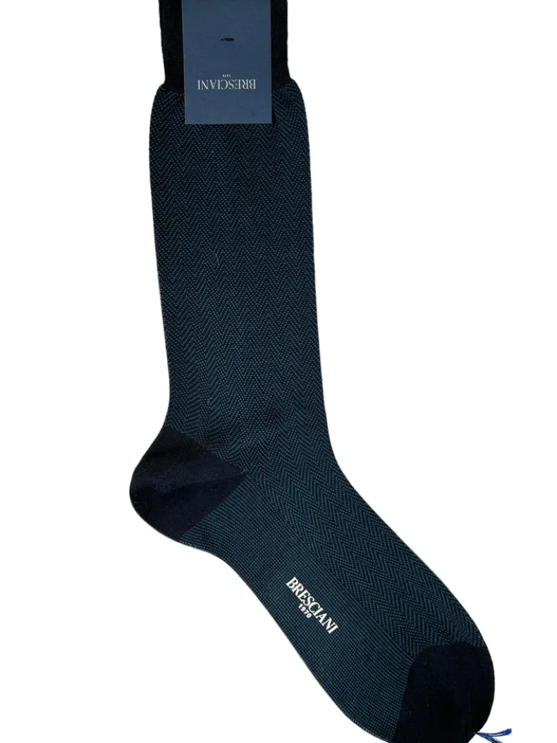 BRESCIANI 1970 HERRINGBONE CALF SOCK - NAVY