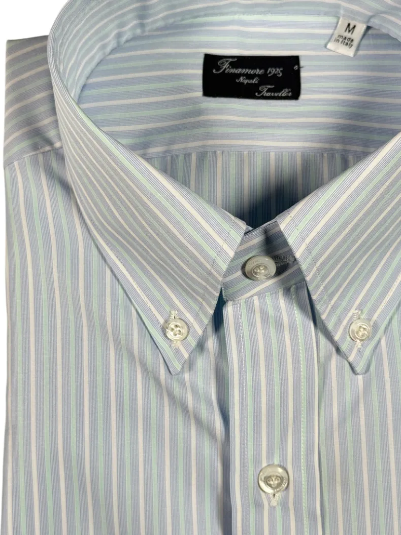 FINAMORE 1925 TRAVELLER POPLIN SHIRT - LIGHT BLUE/TURQUOISE STRIPE