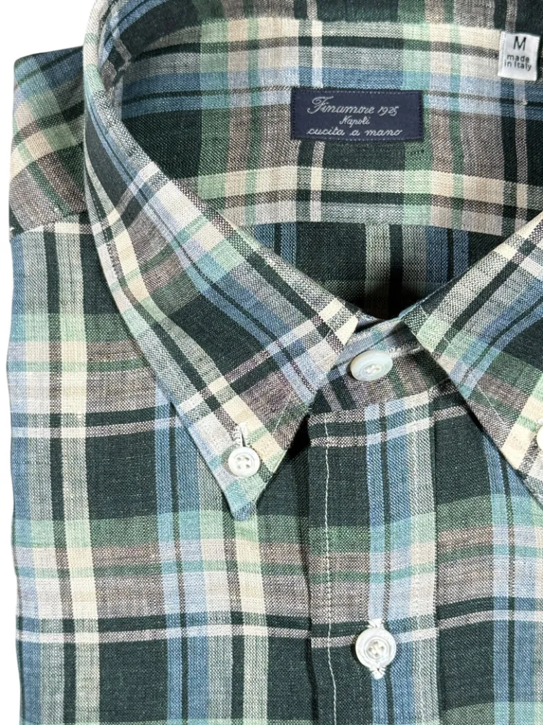 FINAMORE 1925 SPORT LINEN SHIRT - GREEN/TAN PLAID