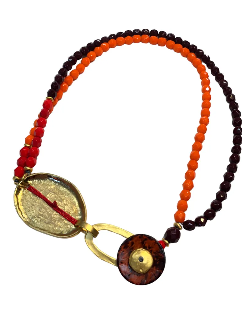 BUTTON DOWN ORANGE AND BROWN BEAD NECKLACE
