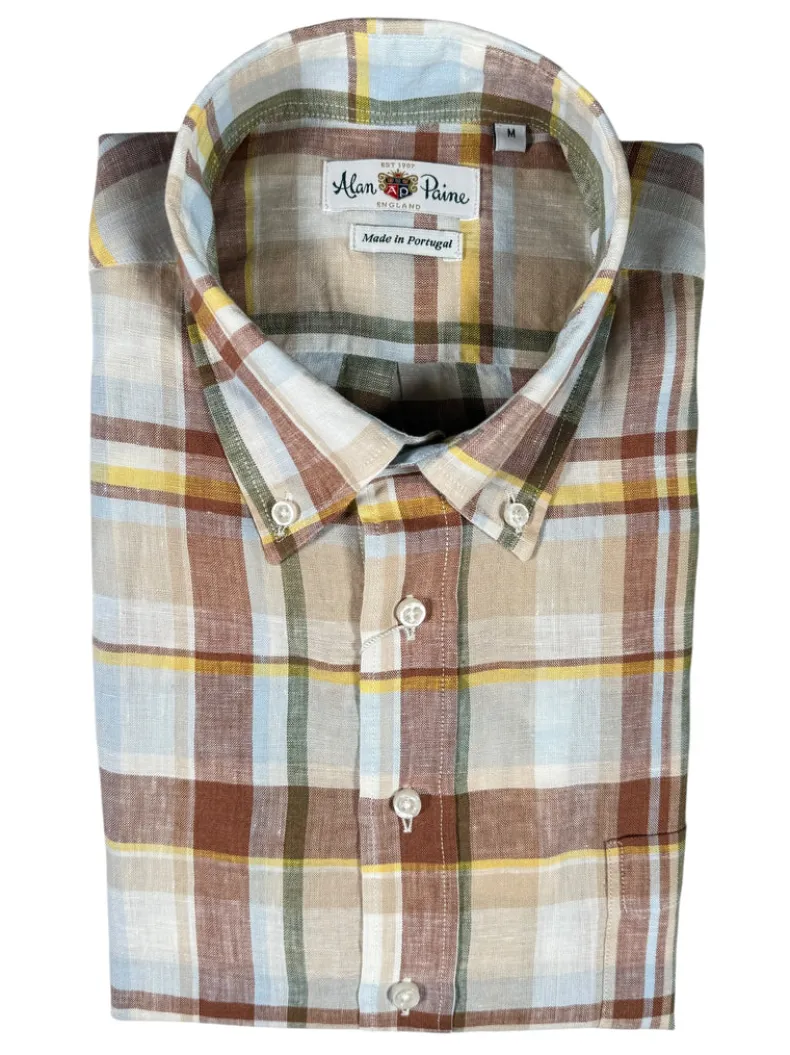 ALAN PAINE LINEN SPORT SHIRT - BROWN MULTICOLOR PLAID