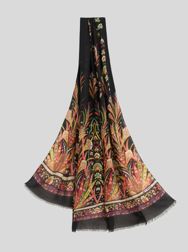 ETRO CASHMERE/WOOL/SILK SCARF - BLACK LEAF MOTIF