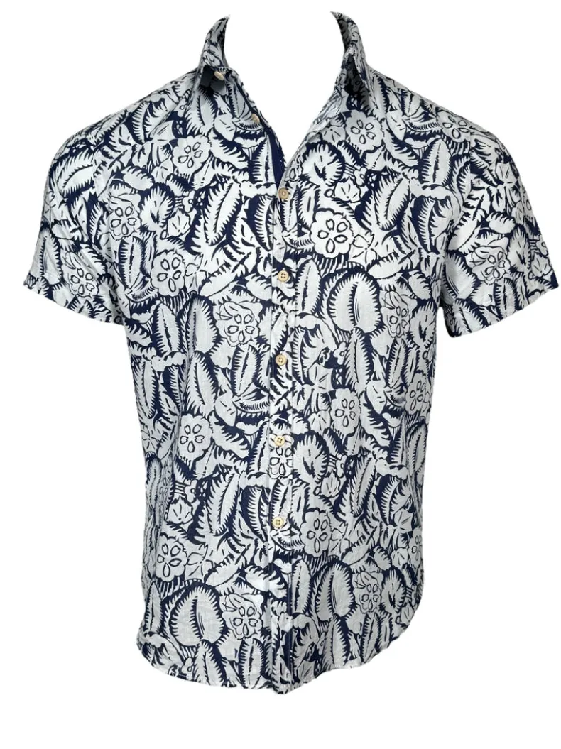 GMF 965 MEN'S LINEN BLEND SHORT-SLEEVE SPORT SHIRT - NAVY/WHITE TROPICAL