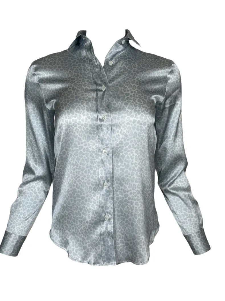 AMINA RUBINACCI STRETCH SILK BLOUSE - LIGHT BLUE LEOPARD