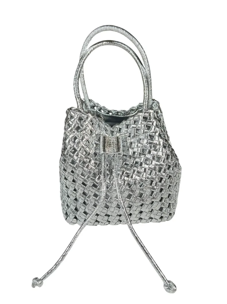 REMI/REID PERRIE BUCKET MINI WOVEN SQUARE BAG - METALLIC SILVER